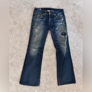 True Religion Dark Blue Distressed Straight Leg Jeans
